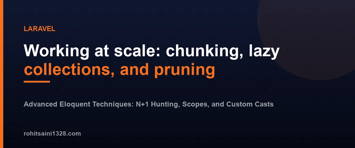 Working at scale: chunking, lazy collections, and pruning โ Advanced Eloquent Techniques: N+1 Hunting, Scopes, and Custom Casts